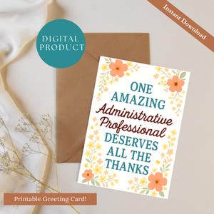 Thank You Card for Administrative Professional, Digital Download Greeting, Office Appreciation, Instant Download
