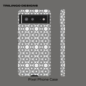 May include: A white Pixel phone case featuring a black geometric pattern. The case has a cut-out for the camera lens. The text "Pixel Phone Case" is printed below the case.