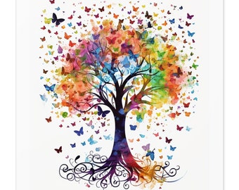 Unique Artistic Rendering of Blooming Life - Rainbow Butterfly Tree Sticker | water and scratch-resistant, swirling butterflies vortexes