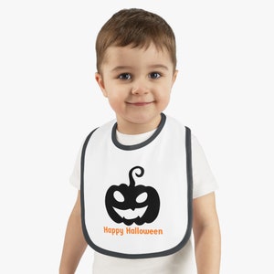 Adorable Smiling Jack-o'-lantern Baby Bib with Contrast Trim - Perfect Halloween Accessory!