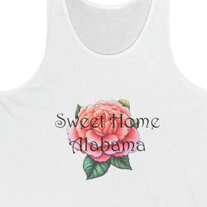 May include: White tank top with a pink rose and the text "Sweet Home Alabama" printed on the front.