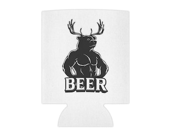 May include: White can cooler with a black silhouette of a muscular bear with antlers. The text "BEER" is printed below the bear.
