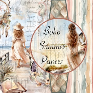 May include: A digital collage featuring a woman walking on a wooden boardwalk towards the ocean. The collage has a boho summer theme with a dreamcatcher, feathers, and a book. The text "Boho Summer Papers" is in the center of the image.