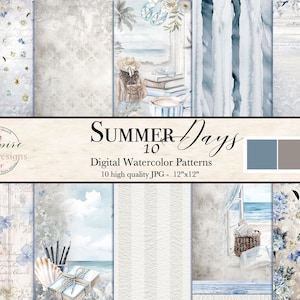 Paquet de papier numérique Summer Days, 10 fichiers jpg 300 DPI de haute qualité de 30 x 30 cm (12 po. x 12 po.) pour des thèmes littéraires, de revues, de l'océan et de la plage.
