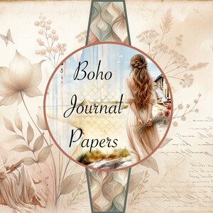 May include: A digital collage featuring a woman with long hair standing on a beach, a woman reading a book in a chair, and a butterfly. The text "boho journal papers" is written in a decorative font.
