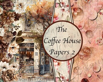 Op de afbeelding: Een digitale collage met een vintage koffiehuisgevel met bloemmotieven en de tekst "The Coffee House Papers 2". De achtergrond is een roze en bruin patroon met bloemmotieven.