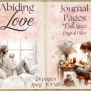 Può includere: Pagine di diario digitale con il testo "Abiding Love" e "Journal Pages *Full Size Digital Files". L'immagine presenta illustrazioni ad acquerello di una donna vicino a una finestra e un'altra che scrive a una scrivania. Il diario misura 21,59 cm x 27,94 cm e contiene 24 pagine.