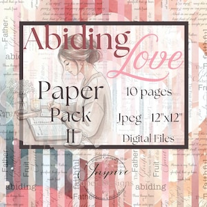 Può includere: Pacchetto di carta digitale intitolato "Abiding Love" con un'illustrazione ad acquerello di una donna che scrive. Il pacchetto include 10 pagine, file Jpeg, di 30,48 cm x 30,48 cm. Il design presenta colori tenui e testo ispiratore.