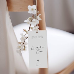 Etiqueta de asiento reservado para el abuelo del novio, plantilla de tarjeta reservada, letrero reservado, letrero de boda con etiqueta de silla, letrero para banco de boda FLD069 - 4 x 8”