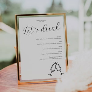 Wedding Lets Drink Bar Sign Template, Minimalist Wedding Bar Menu with Icon, Signature Drinks, Wedding Drinks, Bar Menu Template FLD015