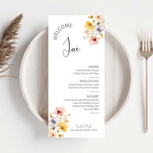 Wildflower Wedding Menu with Name Template - Wedding Menu with Name - Editable Wedding Menu with guest name- Wildflowers Menu FLD004- 4 x 9&quot;