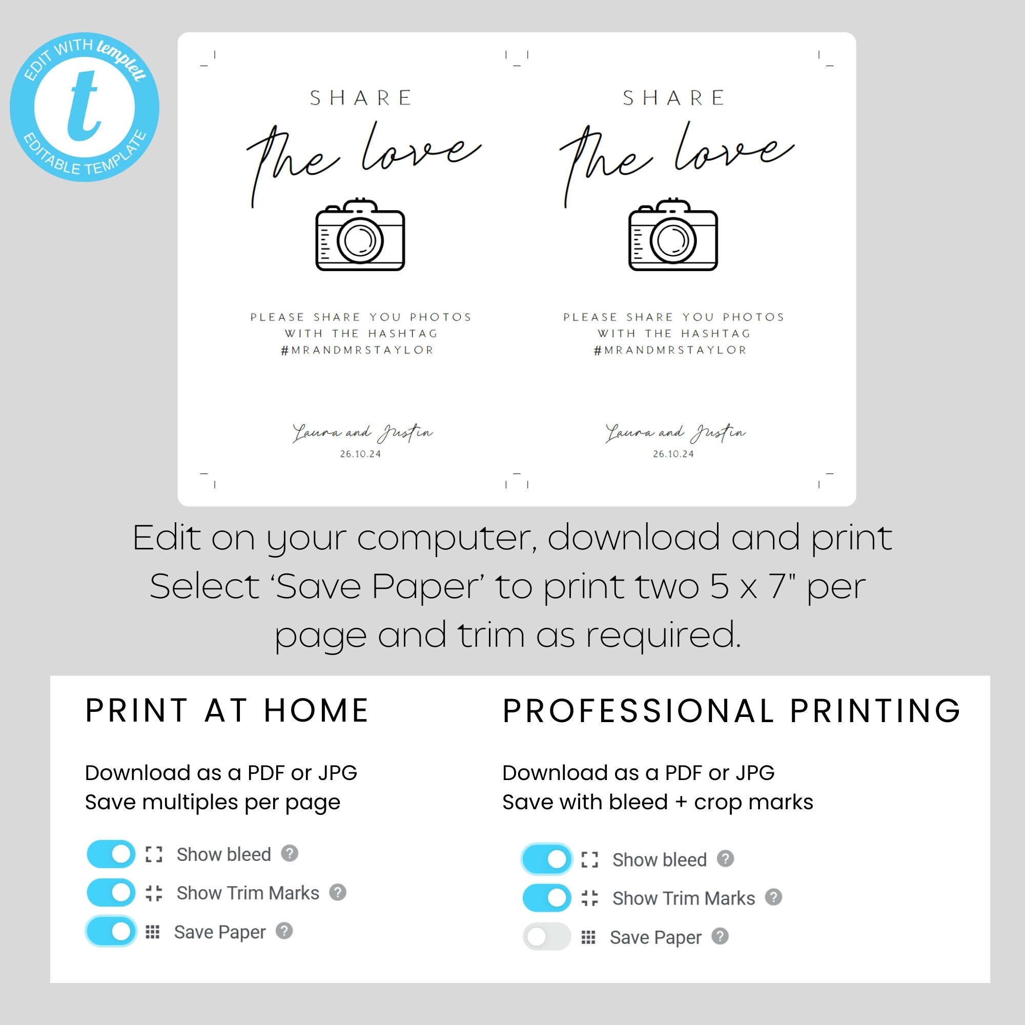 Wedding Photo Sharing Sign: Editable Hashtag Template (digital Download ...