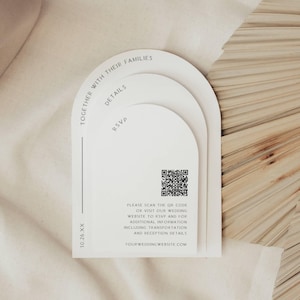 Conjunto de invitaciones de boda apiladas en arco, conjunto de plantillas de invitación de boda en arco, código Qr Rsvp, plantilla de pila de invitación de boda FLD069