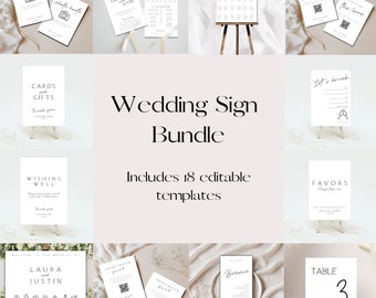 May include: A set of 18 editable wedding sign templates. The signs are white with black text and include a variety of designs, such as "Photo Booth", "Cards and Gifts", "Wishing Well", "Let's Drink", "Favors", "Table 3", and "Honeymoon Fund".