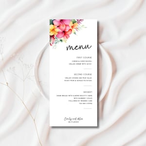 Menú de boda brillante, plantilla de menú de boda tropical, menú editable, menú de flores, decoración de boda tropical, descarga instantánea FLD094 - 4x9"