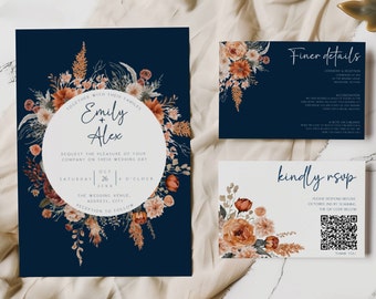 Burnt Orange Floral Wedding Invitation Suite with QR Code RSVP (Instant Download)