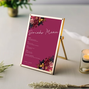 Menú de boda y letreros de barra, plantilla de bebidas con flores de color rosa intenso, tarjeta de bebida editable para recepción, FLD018 - 5 x 7" y 8 x 10"