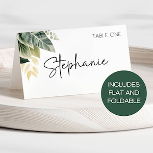Cartões de lugar em folha de palmeira, folhas de palmeira, etiquetas de nome para jantar, cartão de lugar de casamento tropical, cartões de nome Monstera, plano e tenda FLD077 - 2x3,5"
