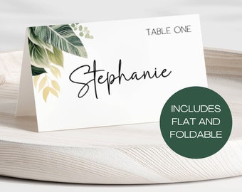 Tropical Palm Leaf Place Cards: Wedding Name Tags (Digital Download)