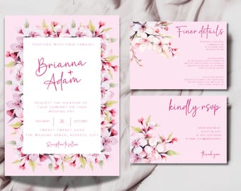 Kirschblüten-Hochzeits-Einladungs-Set: Rosa Floral, Boho Suit (Digitaler Download)