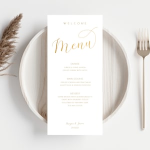 Witte en gouden lettertype bruiloft menusjabloon, glyph-lettertype met werveling, trouwmenu, gouden tekst schrijven, bewerkbaar trouwmenu, FLD019G - 4 x 9"