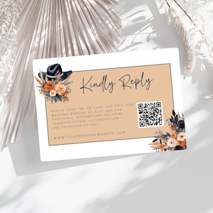 Westliche Antwortkarte für Hochzeit, Antwortkartenvorlage, Hochzeit in Marineblau und Terrakotta, Bitte um Antwort, Boho-Hochzeitsreihe, Website QR-Code FLD099