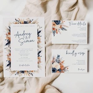 Rust Wedding Invite, Orange And Blue Invitation Set, Terracotta Navy Floral Invite Set, Boho Wedding Suite, Electronic Invite FLD095