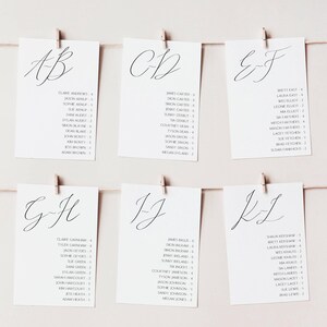 Tabella dei posti a sedere in ordine alfabetico 5x7", carta per tabella dei posti a sedere appesa per matrimonio minimalista, carte per posti a sedere al tavolo, modello di tabella dei posti a sedere modificabile FLD101