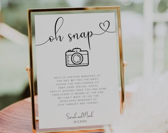 使い捨てカメラのウェディングサイン：Oh Snap、編集可能なテンプレート（デジタルファイル）