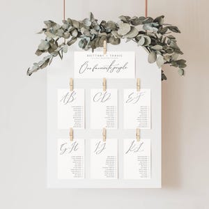 Tabella dei posti a sedere alfabetica 5x7", carte minimaliste per tabelle dei posti a sedere sospese per matrimoni con intestazione, modello di tabella dei posti a sedere modificabile FLD101