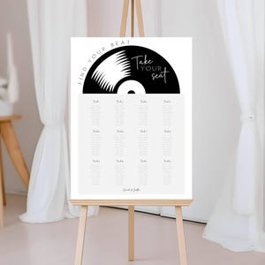 Stoelindeling Find Your Beat, tafelplan vintage vinylplaten, muziekliefhebber bruiloftsreceptie zitplaatsenindeling, bewerkbare stoelsjabloon FLD069
