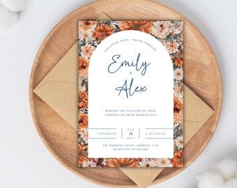 May include: A wedding invitation with an archway design framed by orange and white flowers. The invitation reads "Together with their families, Emily + Alex, Request the pleasure of your company on their wedding day, Saturday, Oct 26, 4 o'clock, The wedding venue, address, city, Reception to follow."