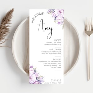 Plantilla de menú de boda con nombre, tarjeta de lugar, menú de boda y tarjeta de nombre, menú descargable, menú de tarjeta de lugar editable - FLD005 - 4 x 9"