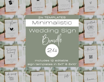 May include: A set of 24 minimalist wedding sign templates in a bundle. The signs are in gold frames and feature various wedding-related text, such as "Let Love Glow", "In Loving Memory", "Oh Snap", "Favors", "Cards and Gifts", and "Heaven". The signs are 5x7 and 8x10 inches.