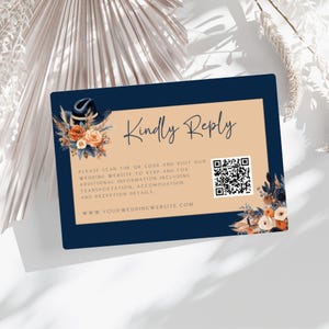 Westliche Antwortkarte für Hochzeiten, Kindly Antwortkartenvorlage, Hochzeit in Marineblau und Terrakotta, Bitte um Antwort, Boho-Hochzeitsreihe, Website QR-Code FLD097