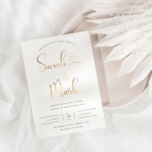 Minimalistische Hochzeitseinladungsvorlage mit goldener Schrift, Einladungskarte für Hochzeit, Detailkartenvorlagen, Liebesherz bearbeitbar FLD003 - 5x7"
