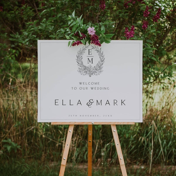 Wedding Welcome Sign Template with Crest, Welcome To Our Wedding Sign, Crest Wedding Welcome Sign, Editable Template, Botanical Crest FLD090