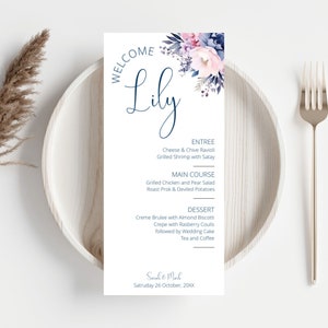 Plantilla de menú de boda con flores, tarjeta de menú impresa, menú de mesa, tarjeta de lugar, menú de tarjeta de lugar, nombre de menú imprimible, menú elegante FLD006 - 4 x 9"