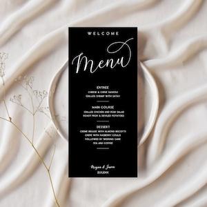 Modern Black Wedding Dinner Menu Template, Modern Black Wedding Menu Template, Printable Menu Editable FLD050 - 4 x 9&quot;