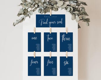 Navy Wedding Seating Chart Cards: Editable Template (4x6" & 5x7")