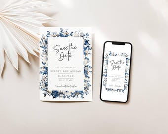 May include: A save the date card with a blue and white floral border. The text reads "Save the Date" for the wedding of Kelsey and Adrian on 26.10.20XX in City, State. Formal invitations to follow.