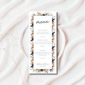 Marine und Terrakotta Hochzeitsmenü Vorlage, Florales Hochzeitsmenü, Hochzeitstischkarte, bearbeitbare Hochzeit, Sofort Download - FLD095 - 4 x 9 "