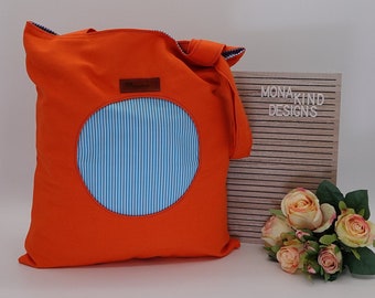 Baumwolltasche orange mit blau/weißen Streifen