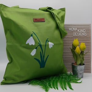 Baumwolltasche grün mit Schneeglöckchen Motiv