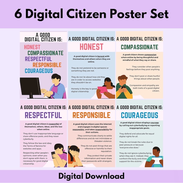 Digital Citizenship Poster Set | Printable Classroom Posters for Digital Literacy for Middle or Junior High Students