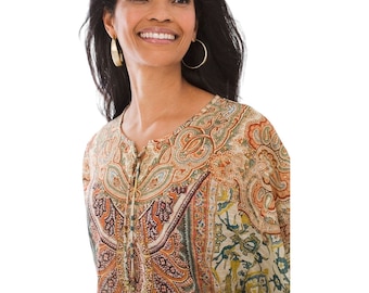 Chicos ladies bohemian southwestern flutter sleeve keyhole tie neck paisley tunic top Small