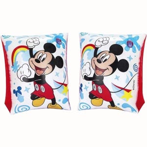 May include: A pair of inflatable arm floaties featuring a white background with a graphic of Mickey Mouse, a rainbow, and blue splashes. The design includes red side panels and the text Disney printed on the side of each floatie.