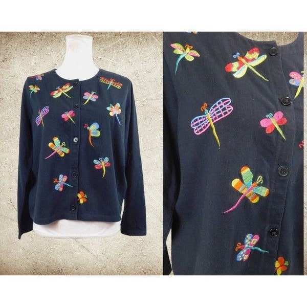 Emma Tricot vintage ladies black dragonfly embroidered long sleeve button down cardigan sweater Small