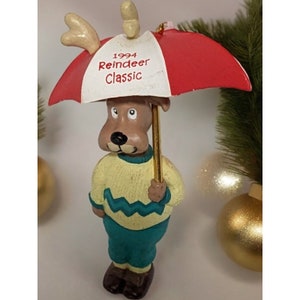 Vintage Retired Collectible Hallmark Keepsake Christmas Figurine Ornament 1994 Reindeer Pro Handcrafted Golfing