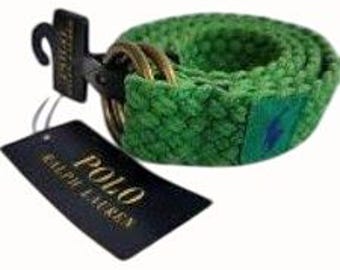 Polo Ralph Lauren Green Webbed Cotton ORing Belt Leather Trim Braided New Large Vintage Retro 80 & 90's style
